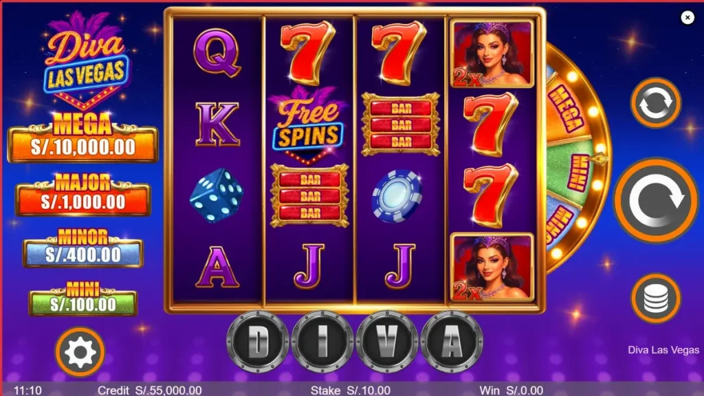 Tampilan visual slot Diva Las Vegas dengan tema showgirl dan lampu neon kasino