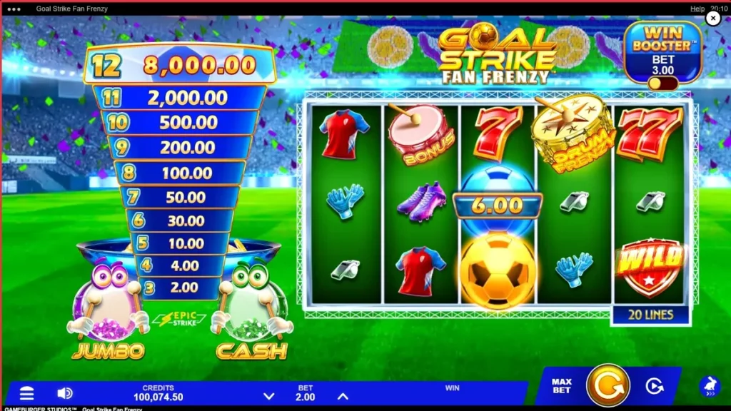 Tampilan visual stadion sepak bola yang meriah dalam permainan slot Goal Strike Fan Frenzy