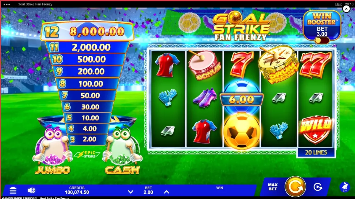 Tampilan visual stadion sepak bola yang meriah dalam permainan slot Goal Strike Fan Frenzy