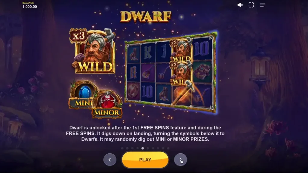 Pemandangan hutan mistis dalam slot Land of Riches dengan karakter fantasi