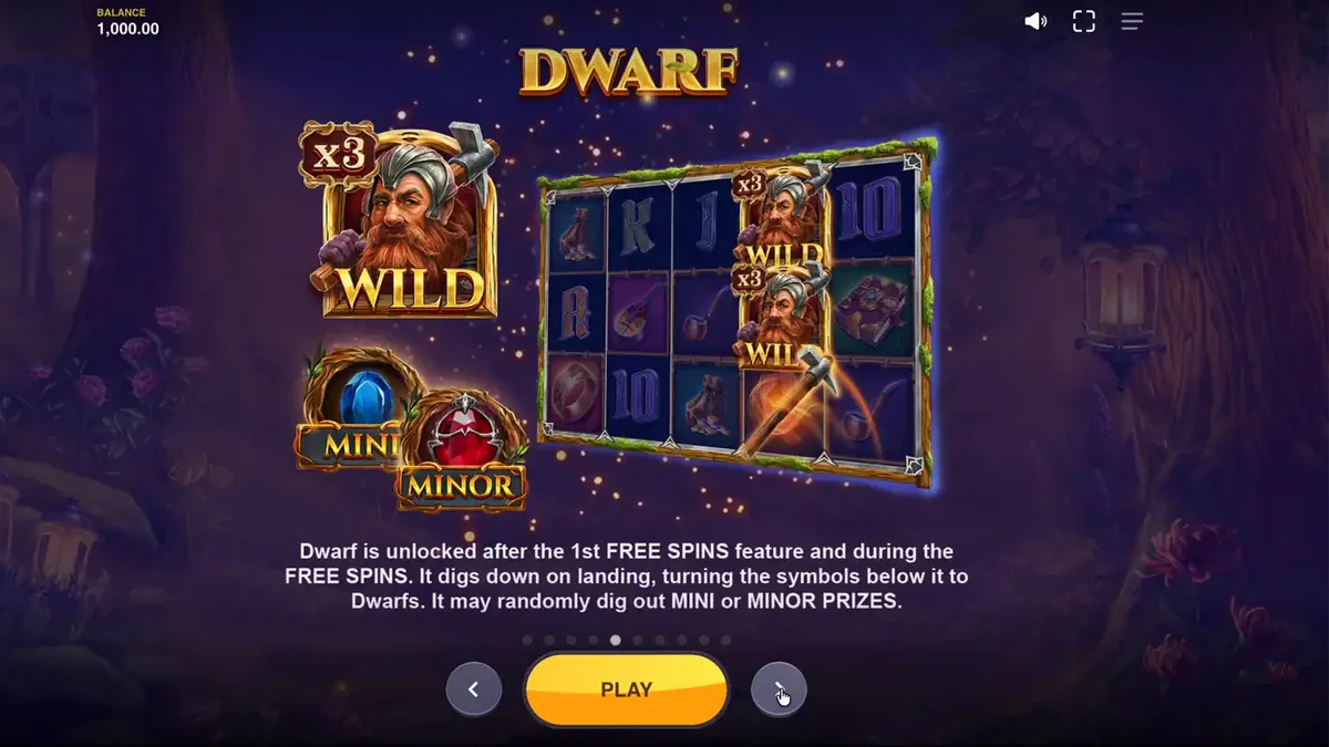 Pemandangan hutan mistis dalam slot Land of Riches dengan karakter fantasi